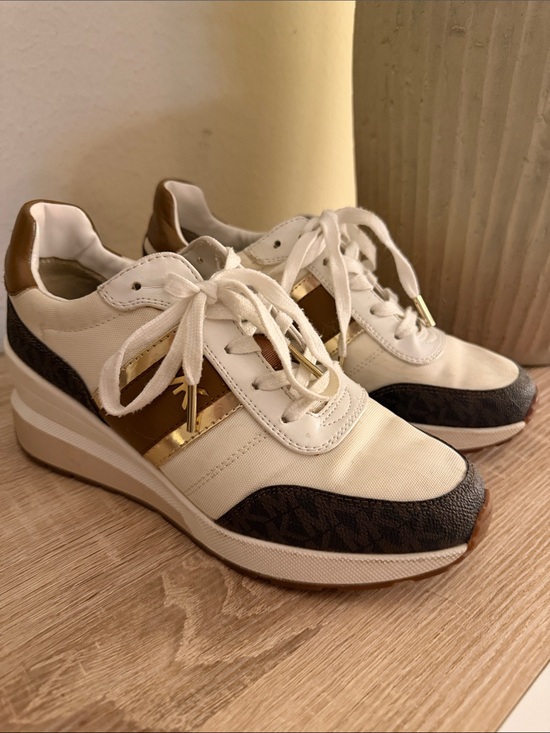 Michael Kors Shoes - Michael kors Wedge Trainer Sneakers in White, Brown & Gold